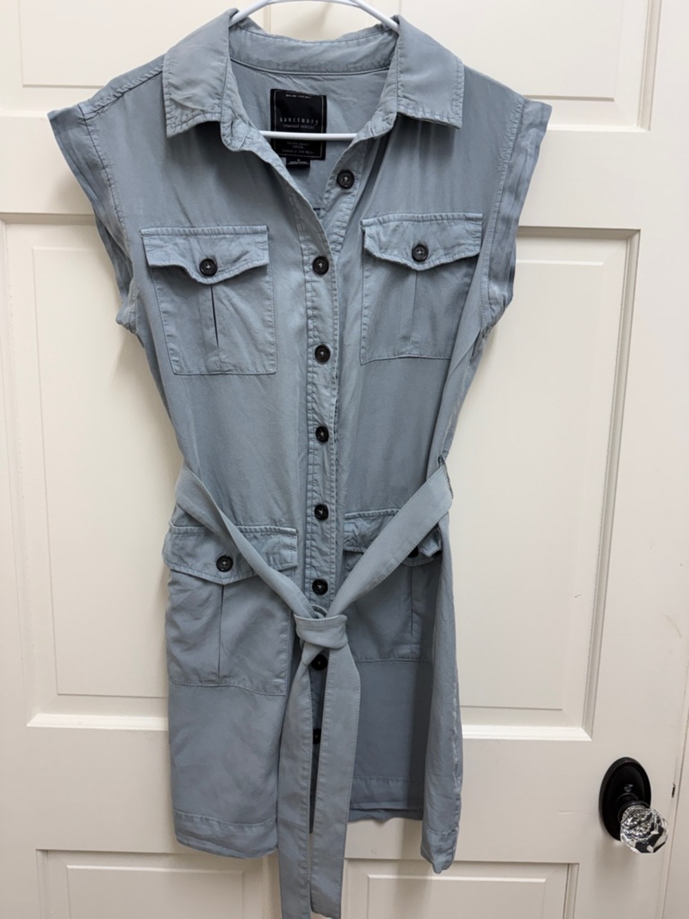 Sanctuary Light Blue Sleeveless Button-Front Mini Dress with Tie